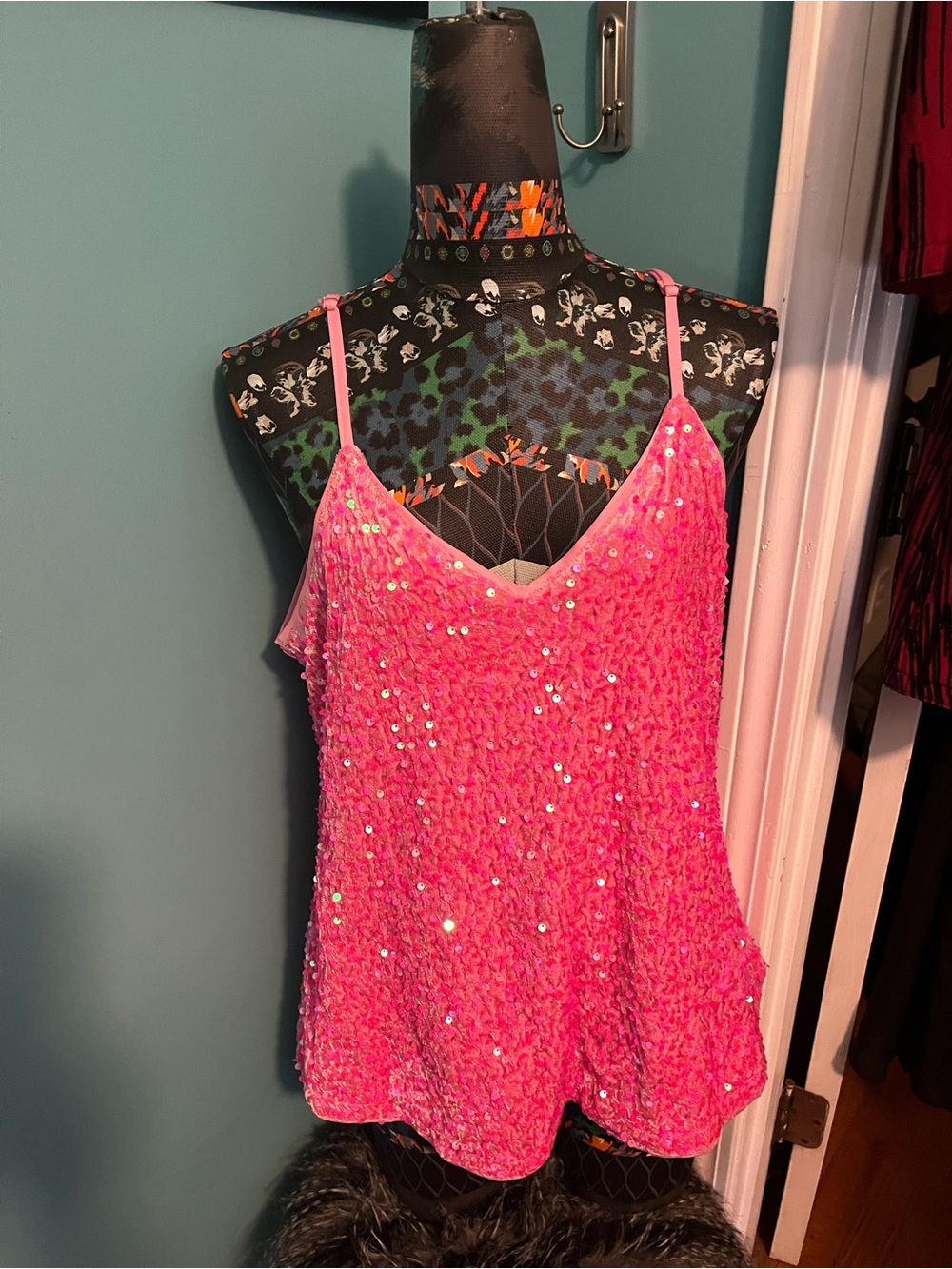 Velour Sequin Pink Spaghetti-Strap Cami Top